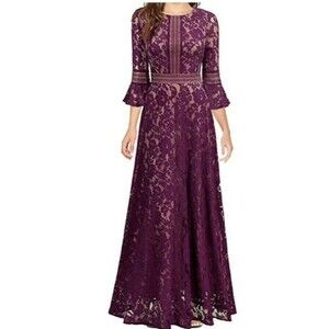 MISSMAY Lace Maxi Dress M Plum Fit Flare Bell Sleeve Party Elegant Fairy Goth